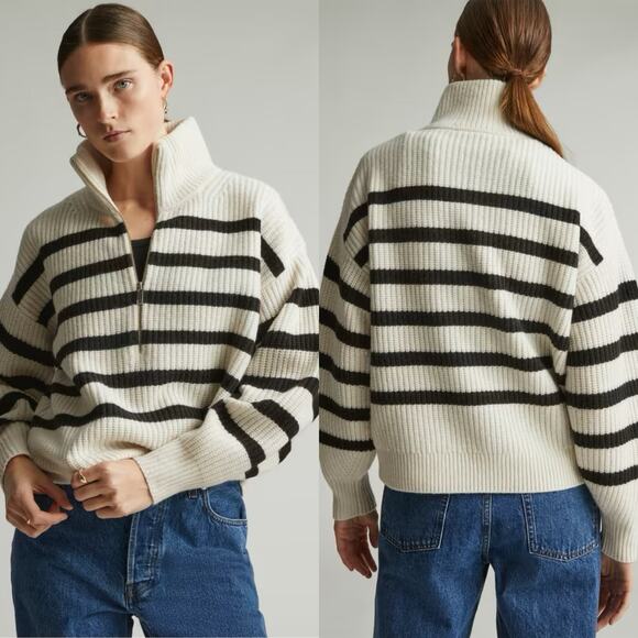 Everlane Sweaters - Everlane The Felted Merino Half-Zip Sweater Black/Bone Women XXS NWT Chunky Rib